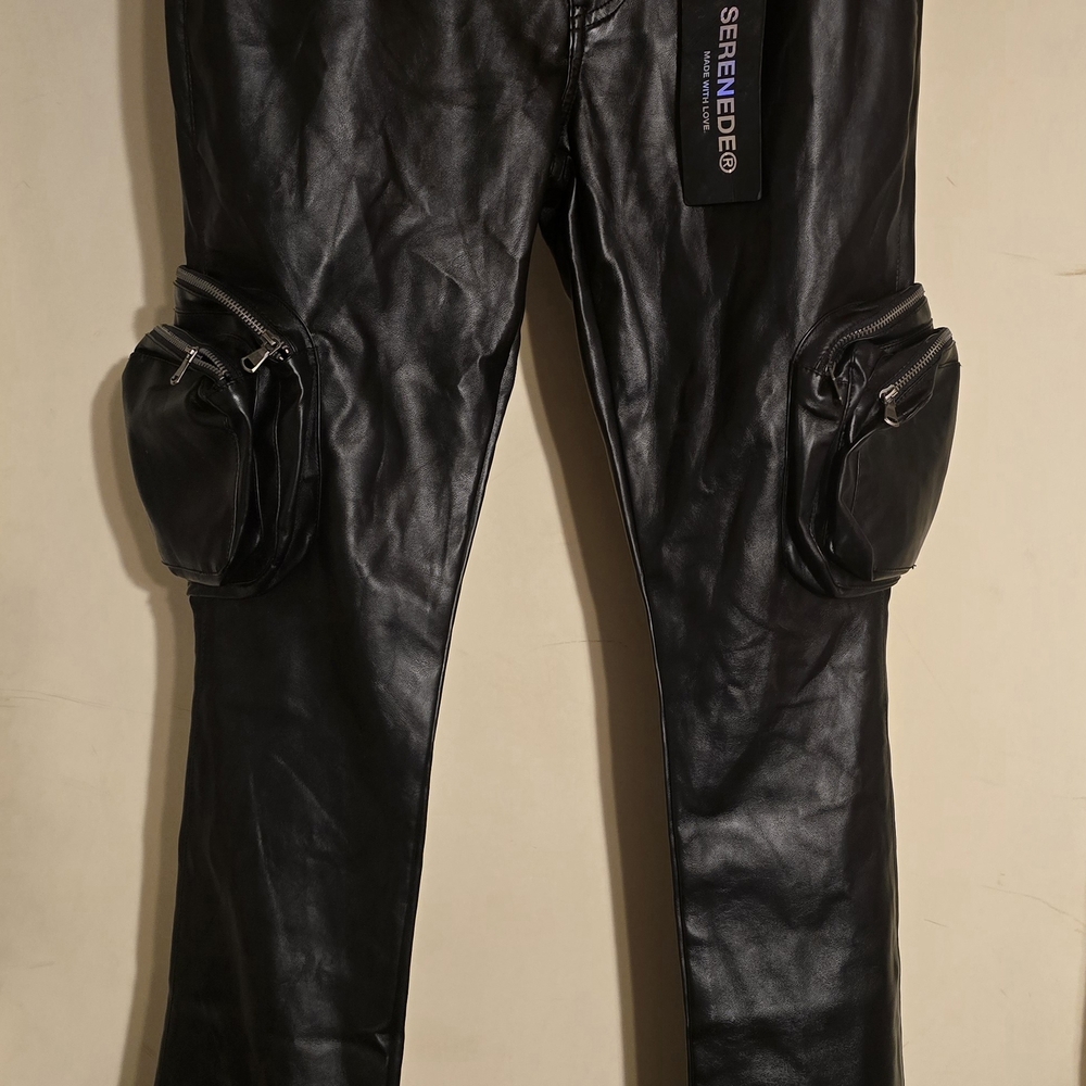 Serenede Black Faux Leather Cargo Pants